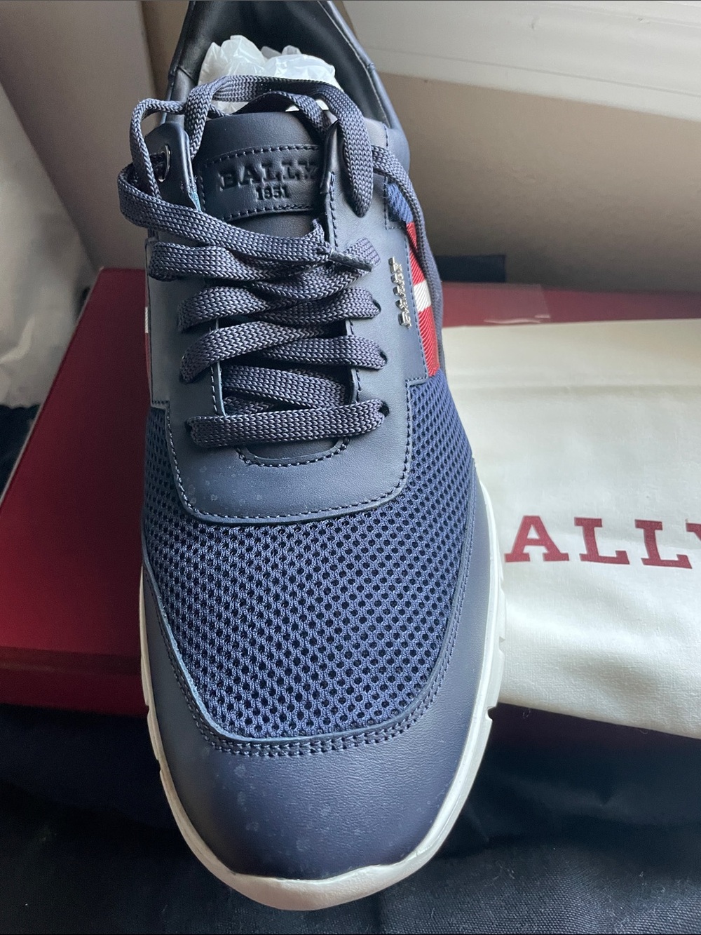 Bally Navy Sneaker with Red and White Stripe Accent - Picture 2 of 9